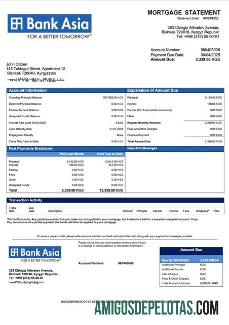 realista Modelo Word e PDF de declaração de hipoteca do Banco da Ásia do Quirguistão